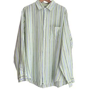 Banana Republic Linen Striped Button Front Shirt Mens L Long Sleeve Green Blue